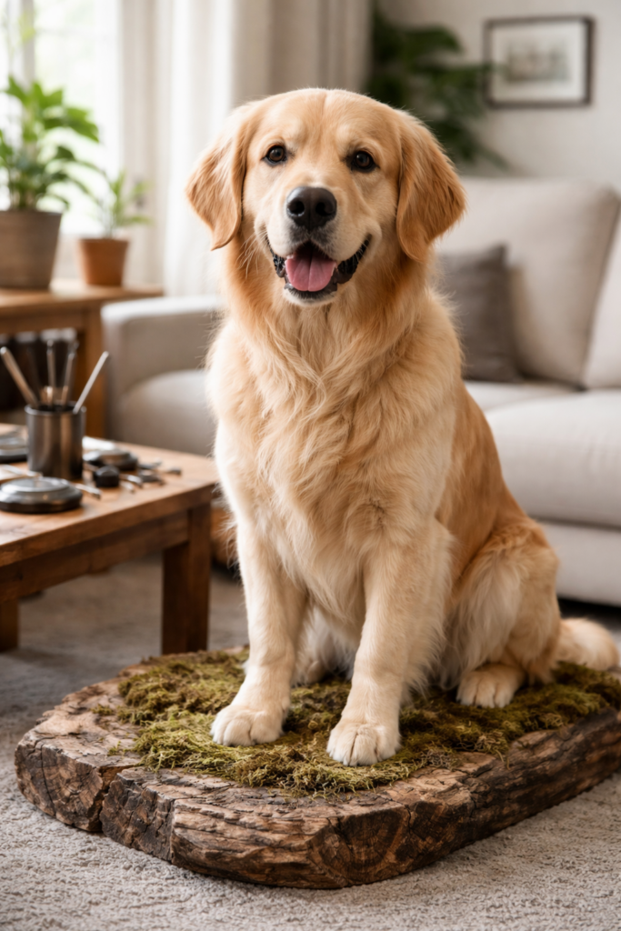 Opgezette golden retriever in zittende houding op houten sokkel in woonkamer
