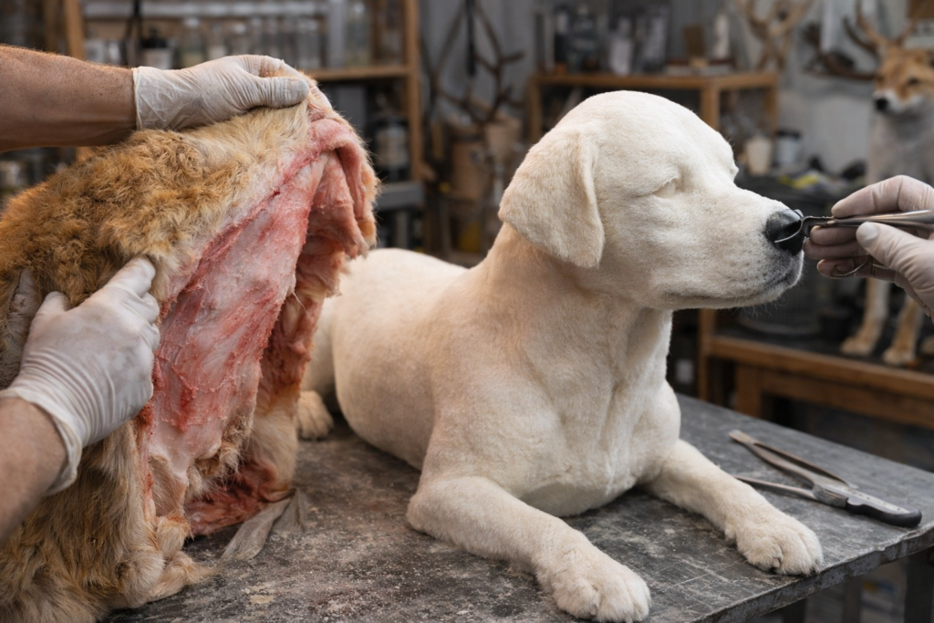 Taxidermie proces waarbij de huid van een hond over een anatomisch model wordt geplaatst