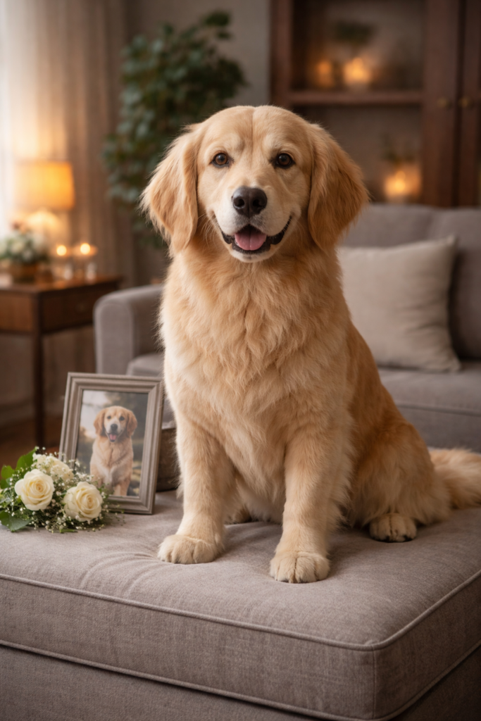 Realistische taxidermie hond als blijvende herinnering in warm interieur