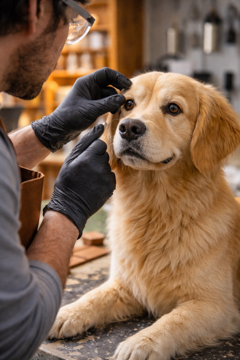 Taxidermie hond tijdens het nauwkeurige preparatie proces in atelier