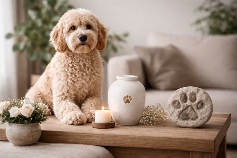 Labradoodle met urn en pootafdruk als vergelijking tussen prepareren hond en cremeren