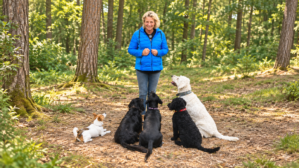 Yvonne van der Meer met vijf honden in het bos bij Appelscha