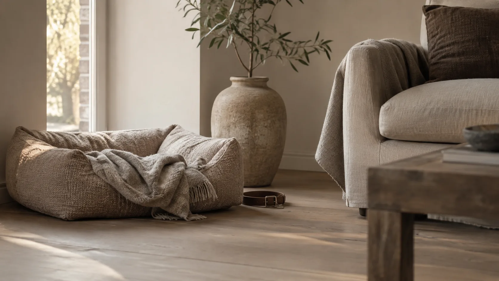 Lege hondenmand in een rustige woonkamer na het overlijden van een hond