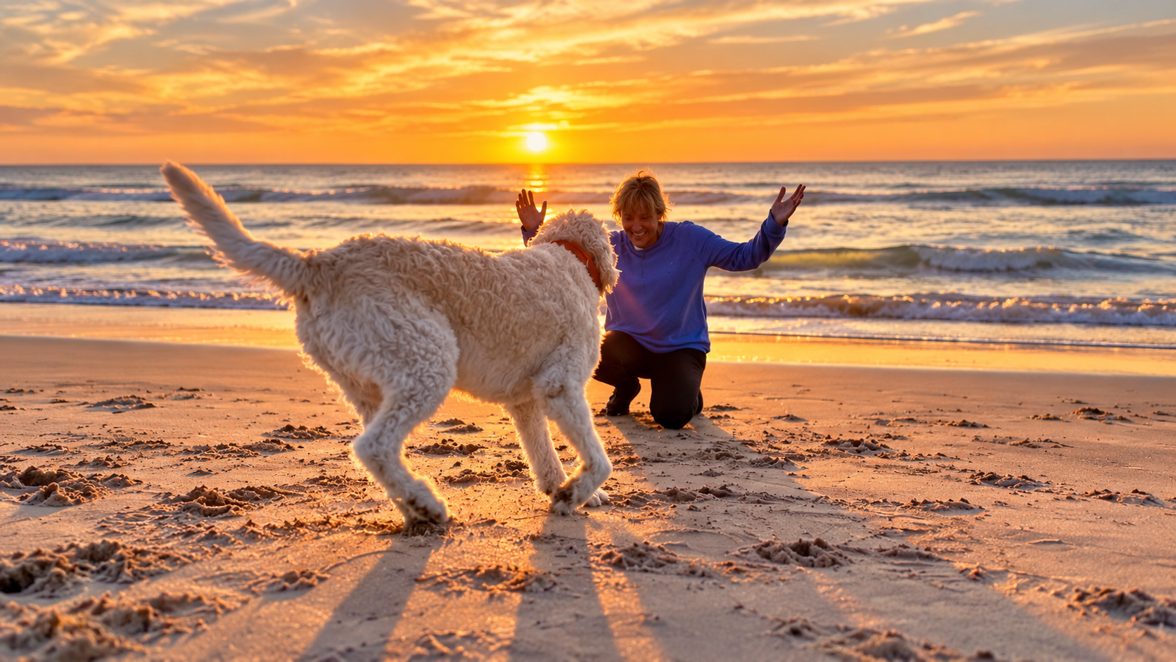 Yvonne samen met haar hond Buddy op het strand bij zonsondergang